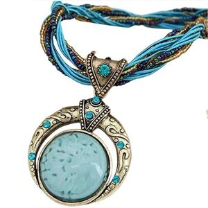 Boho Statement Necklace with Blue Braided Cord and Large Pendant
